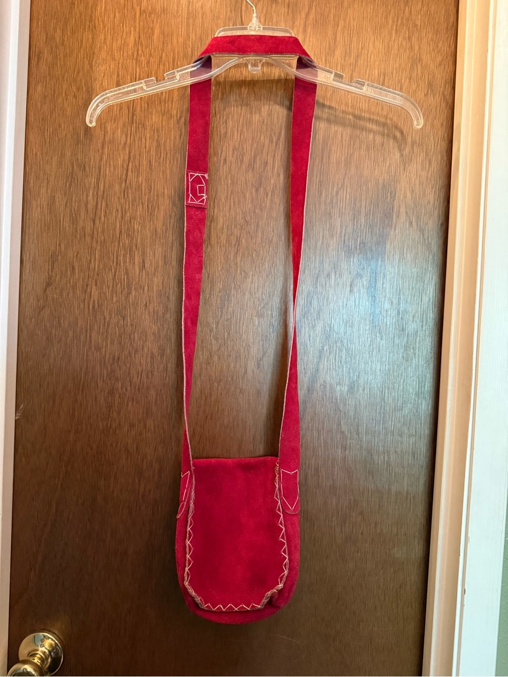 Red Suede Crossbody Bag with Decorative Stitching - Picture 3 of 4